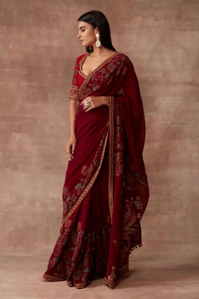 Buy Neeta Lulla Maroon Georgette Barsin Kalamkari Print Saree With Blouse Online _ Aza Fashion_