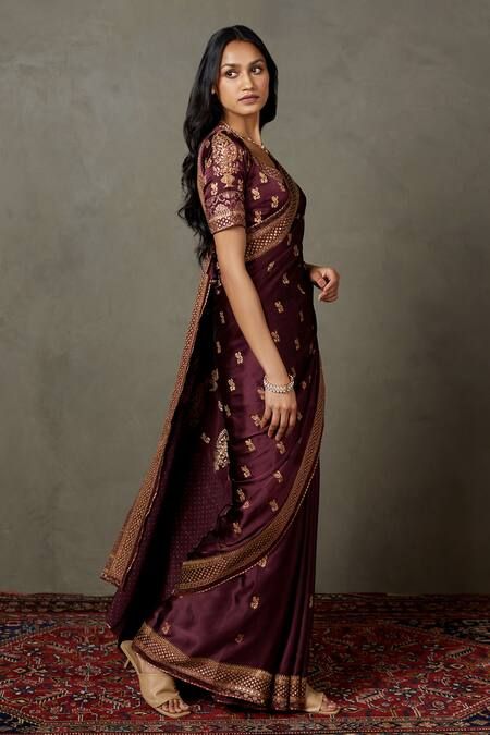 Buy Purple Shimmer Aari Hand Embroidered Saree With Unstitched Blouse Piece For Women by RI_Ritu Kumar Online at Aza Fashions_