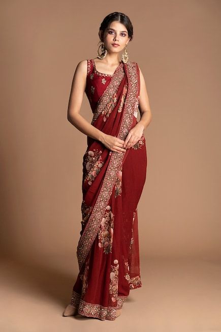Buy Red Viscose Georgette U Neck Pre-draped Saree With Blouse For Women by Kalista Online at Aza Fashions_